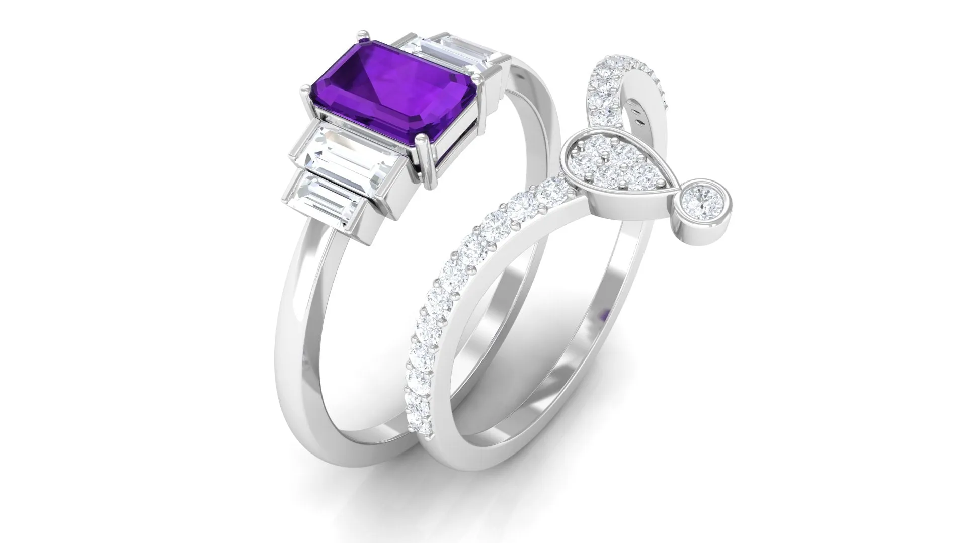 Octagon Amethyst and Moissanite Ring Set