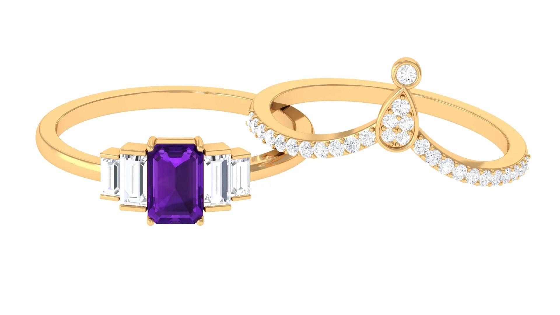 Octagon Amethyst and Moissanite Ring Set