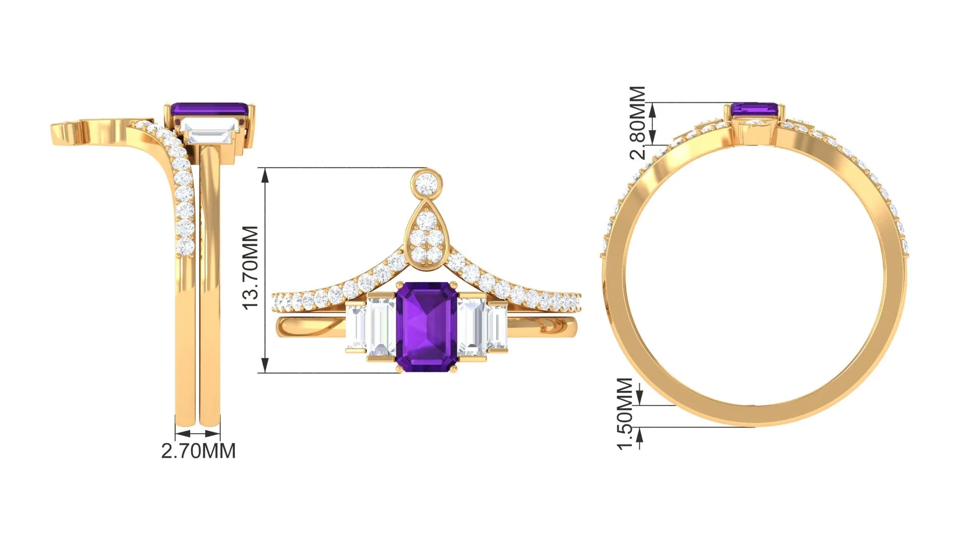 Octagon Amethyst and Moissanite Ring Set