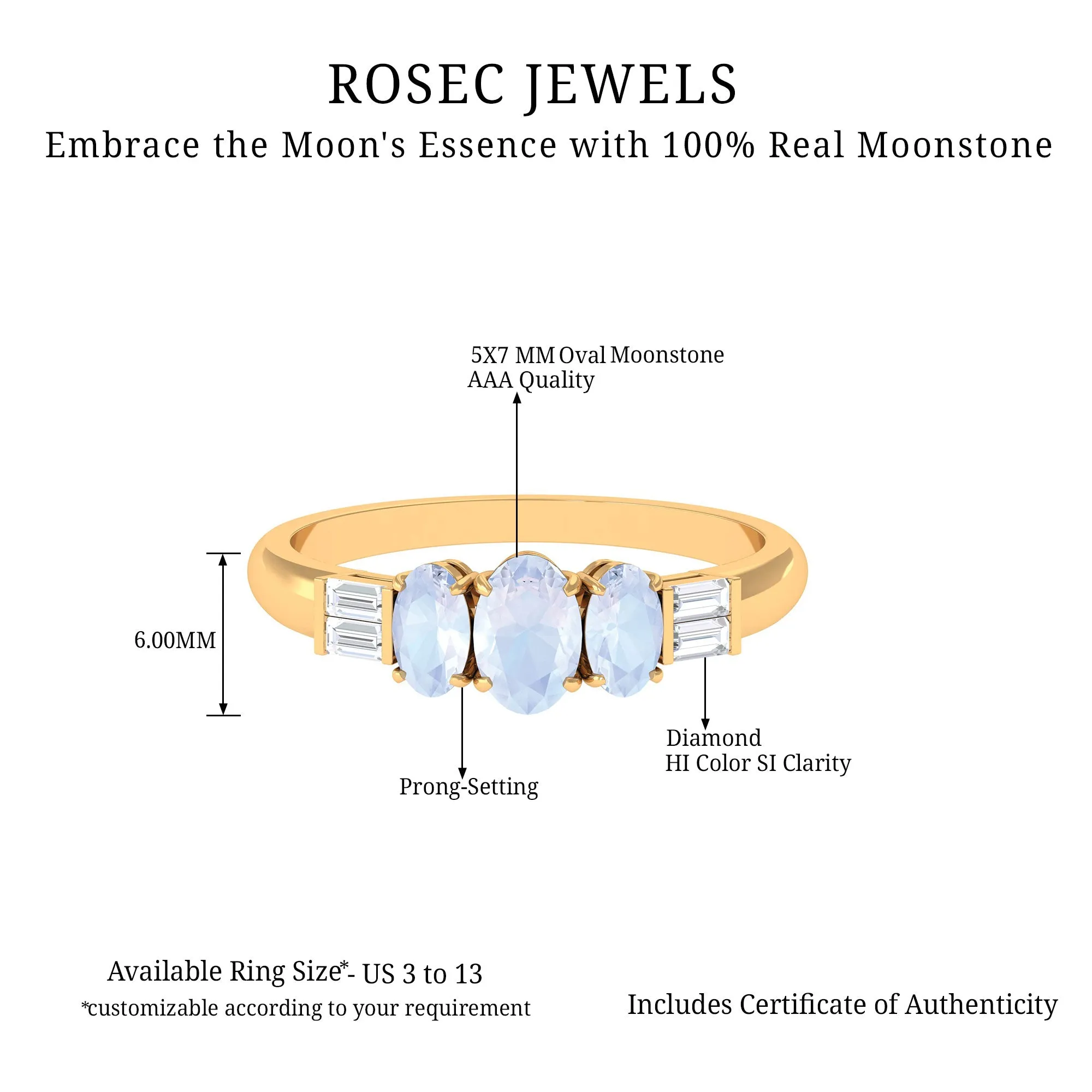 Oval Moonstone and Diamond 3 Stone Anniversary Ring