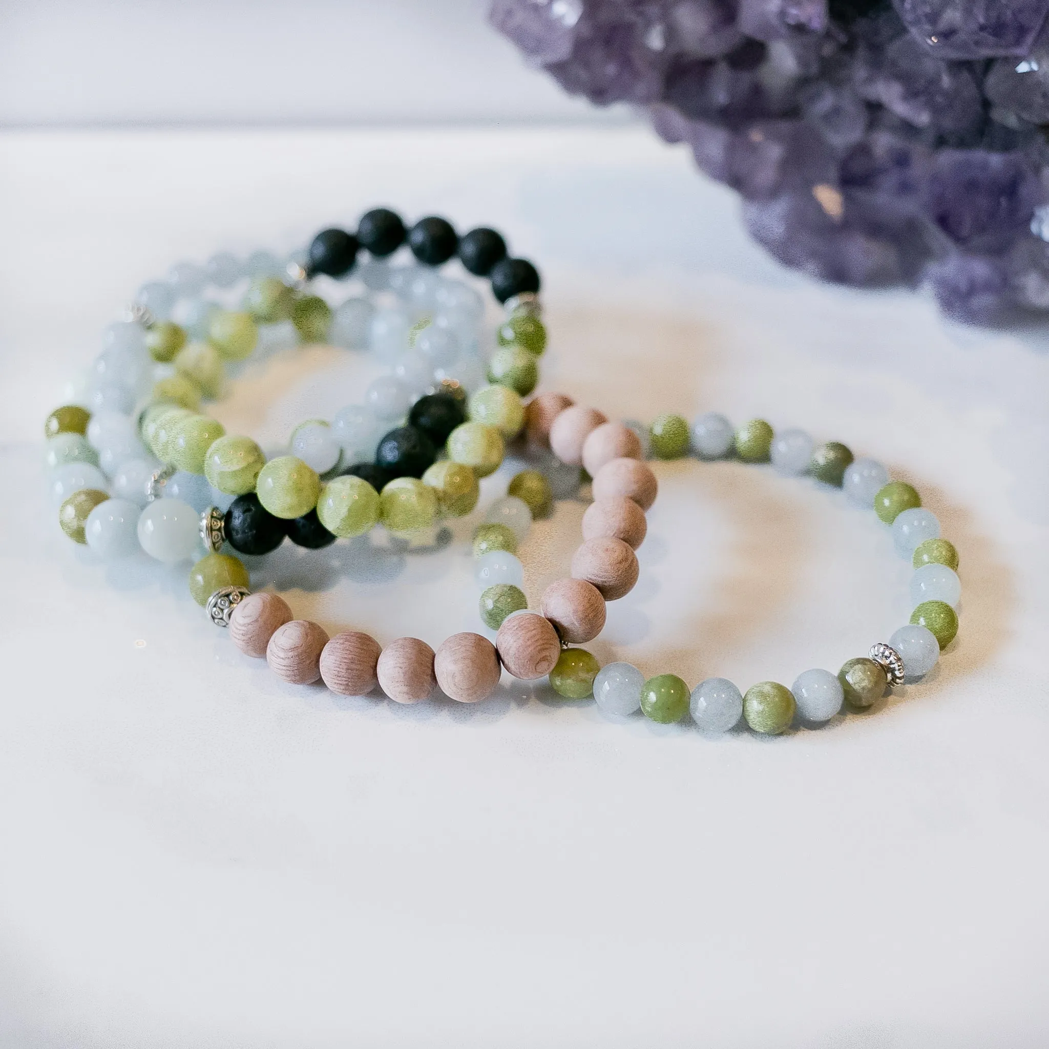 Peridot & Aquamarine Rosewood Aromatherapy Essential Oil Diffuser Bracelet (8mm beads)