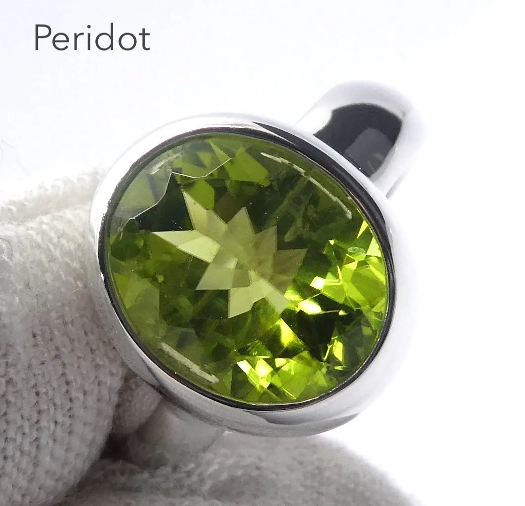 Peridot Ring, Large Faceted Oval, Fine Sterling Silver US Size 8.75