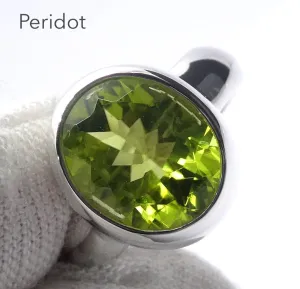 Peridot Ring, Large Faceted Oval, Fine Sterling Silver US Size 8.75