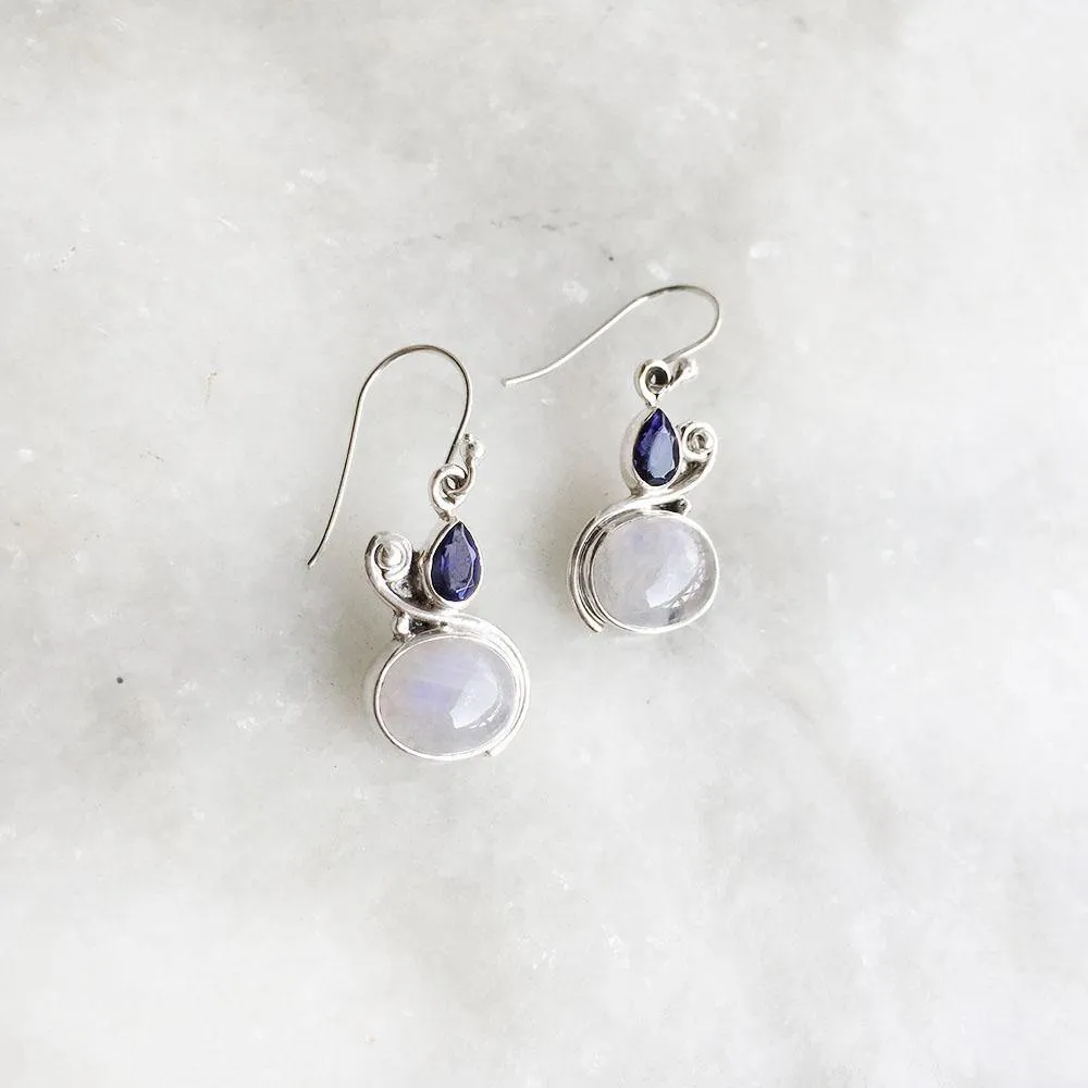 Rainbow Moonstone & Facetted Iolite Silver Earring