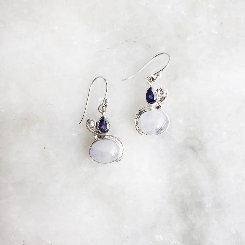 Rainbow Moonstone & Facetted Iolite Silver Earring