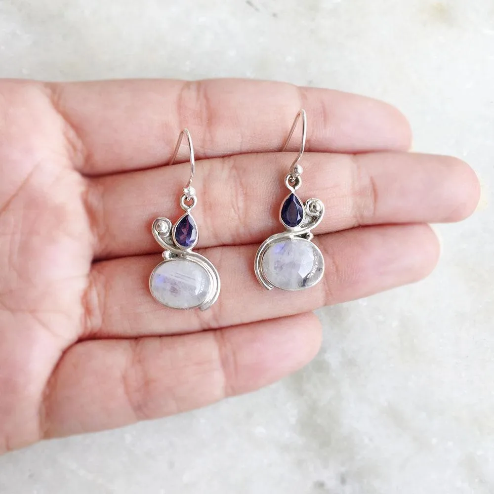 Rainbow Moonstone & Facetted Iolite Silver Earring