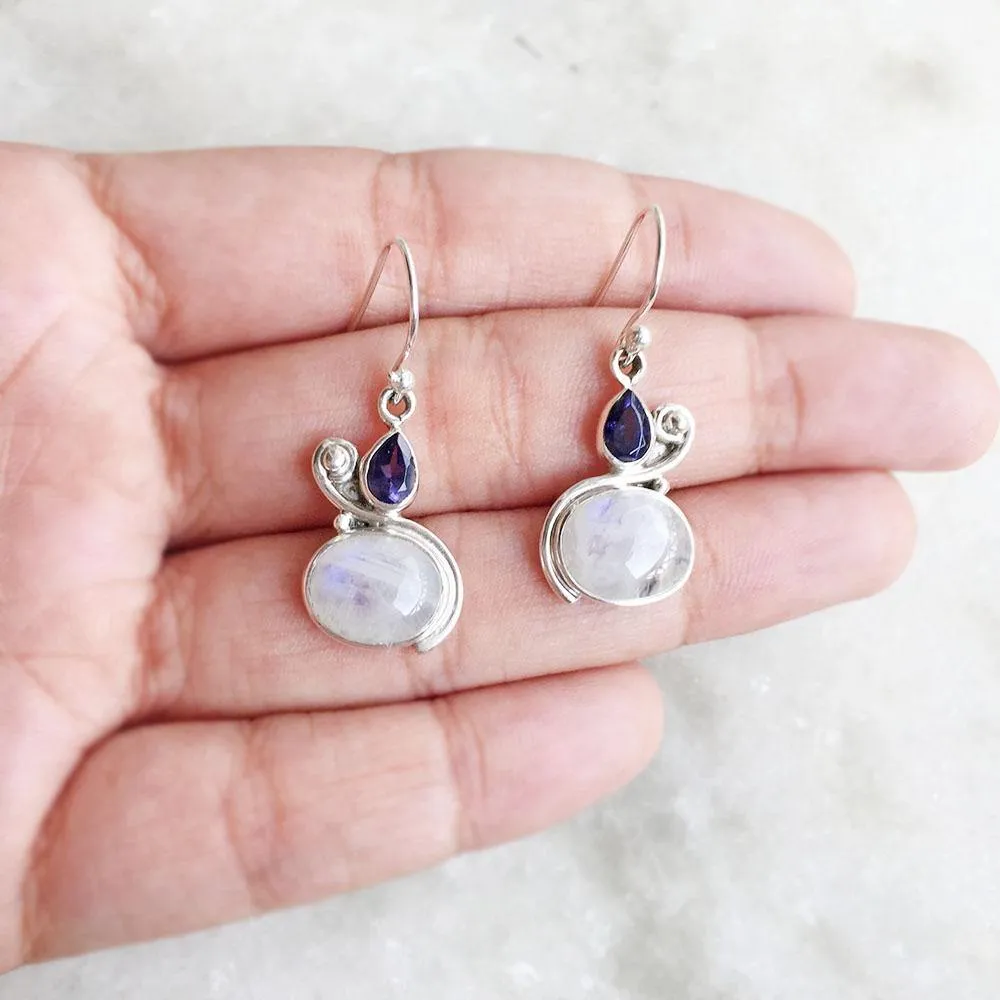 Rainbow Moonstone & Facetted Iolite Silver Earring