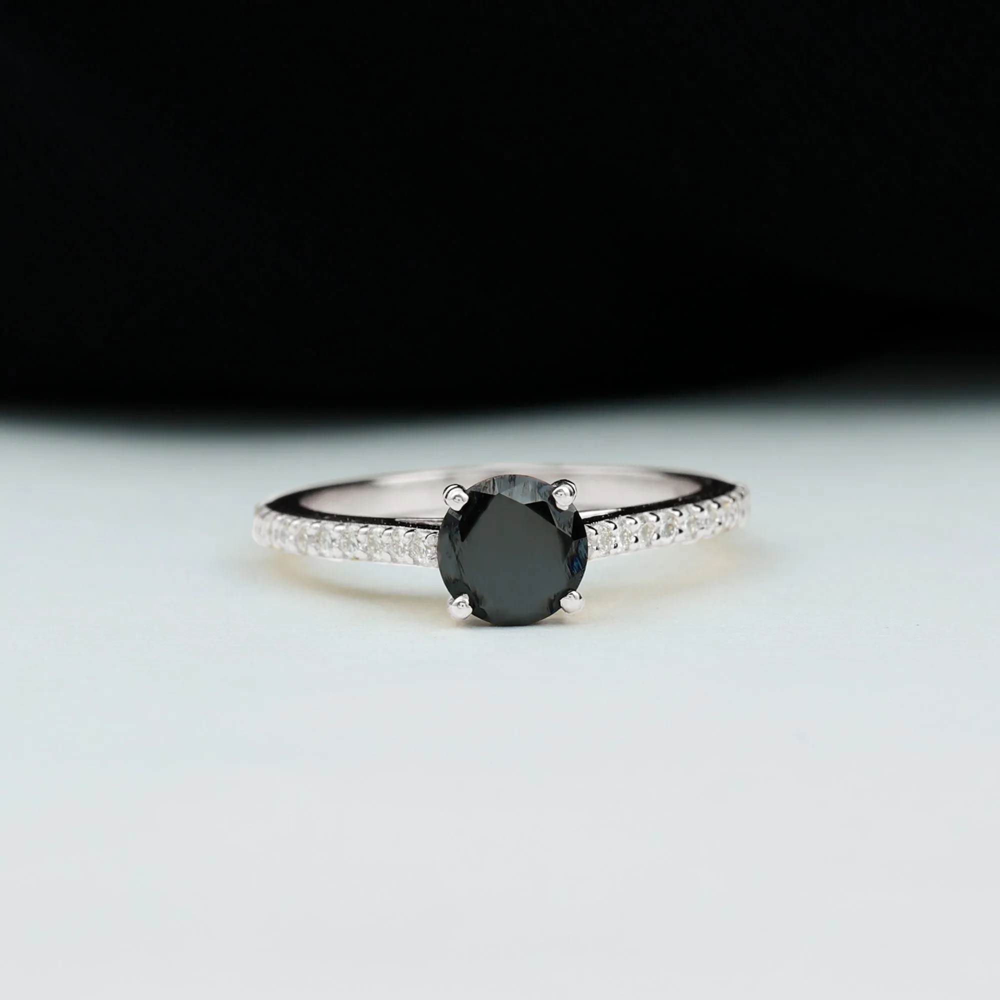 Round Black Onyx Solitaire Engagement Ring with Diamond