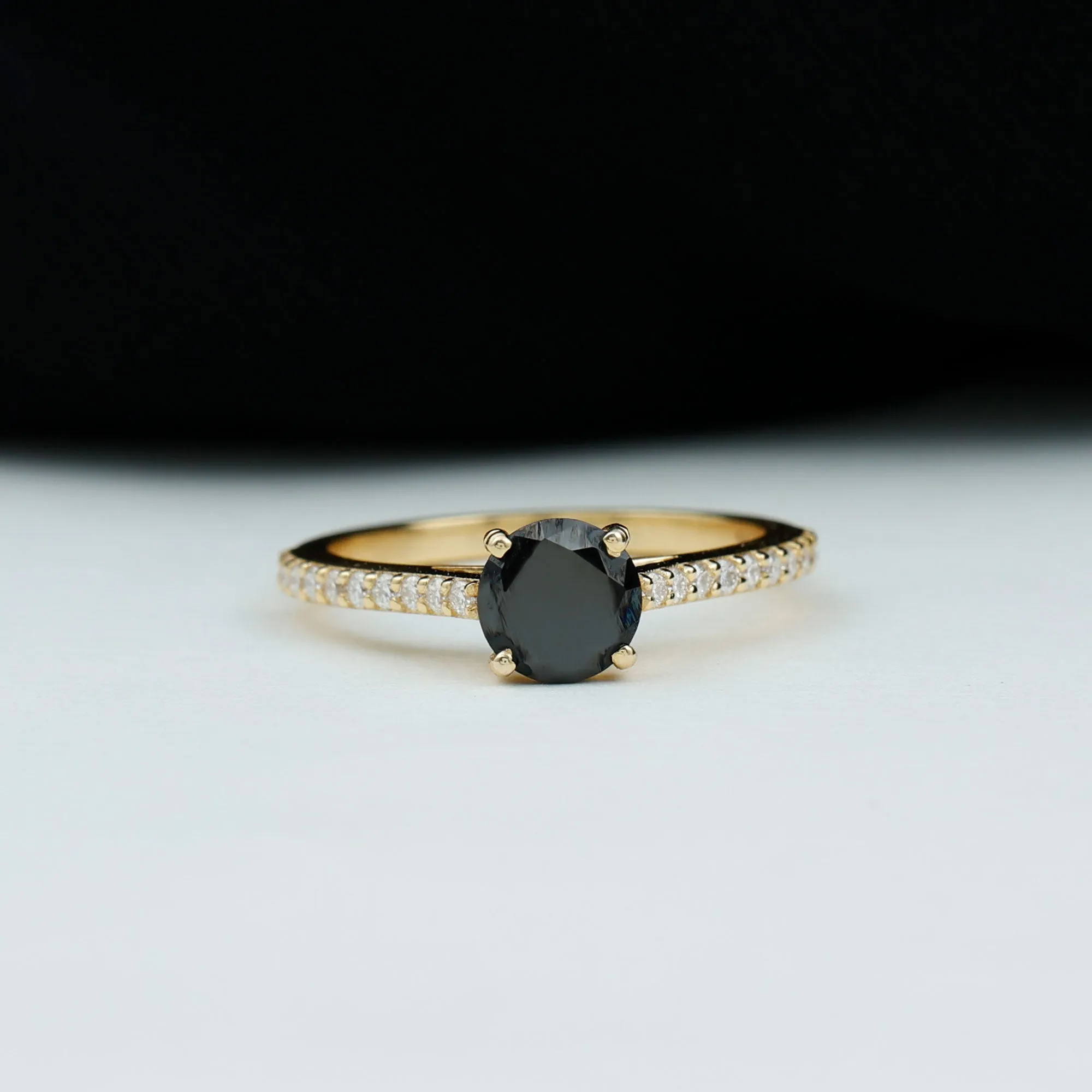 Round Black Onyx Solitaire Engagement Ring with Diamond