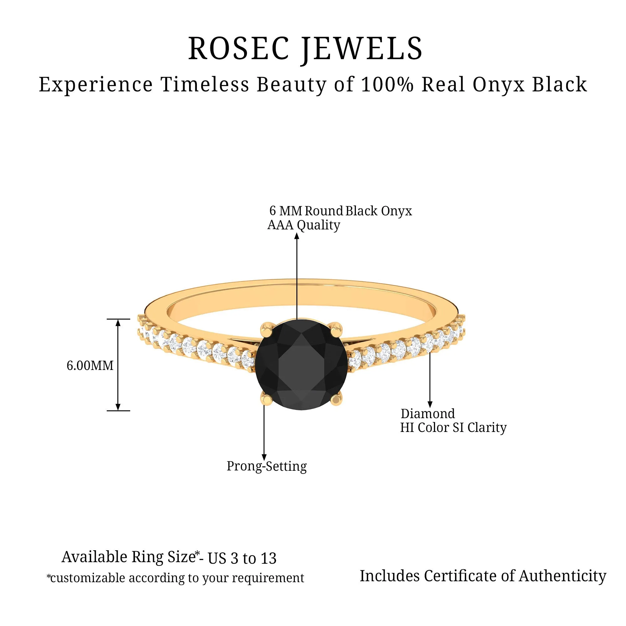 Round Black Onyx Solitaire Engagement Ring with Diamond