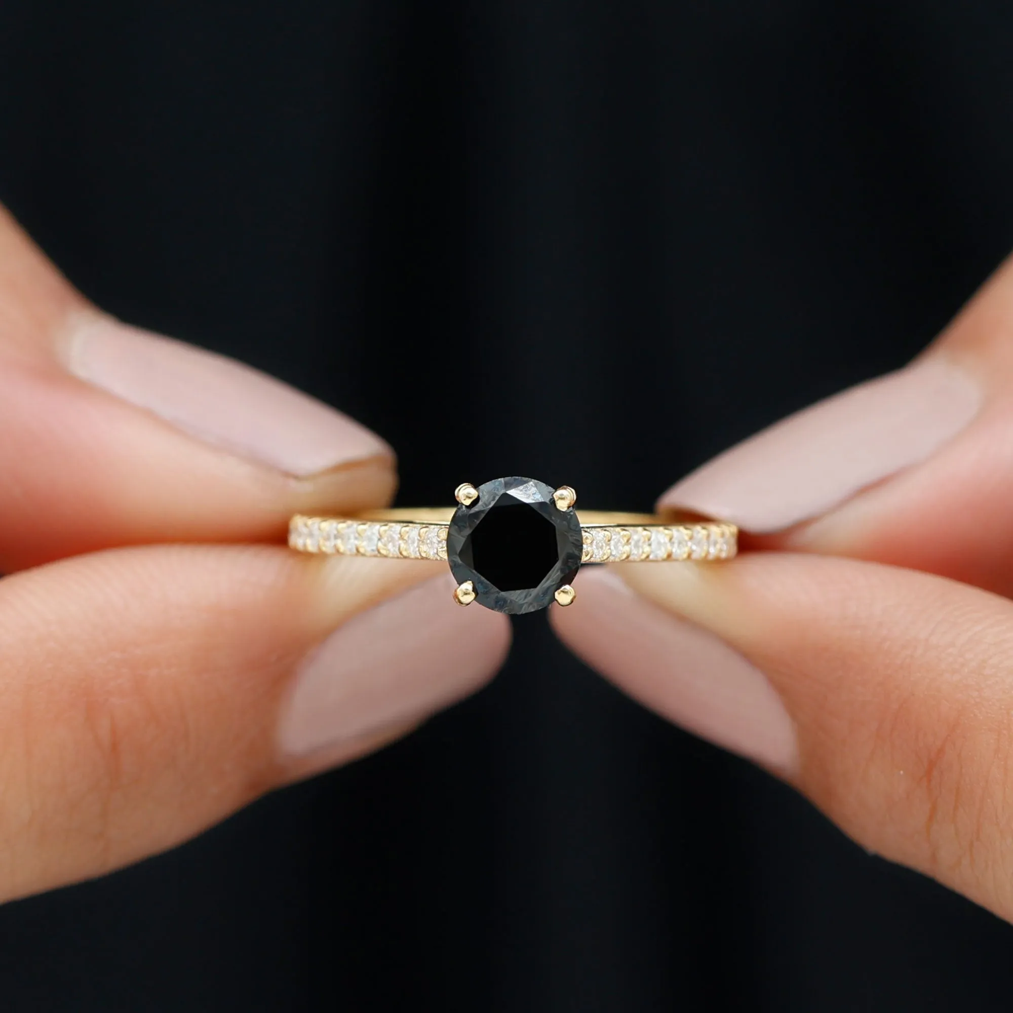 Round Black Onyx Solitaire Engagement Ring with Diamond