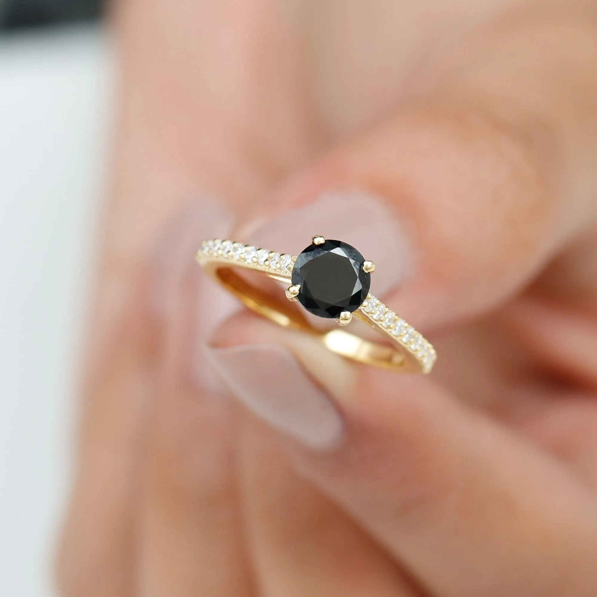 Round Black Onyx Solitaire Engagement Ring with Diamond