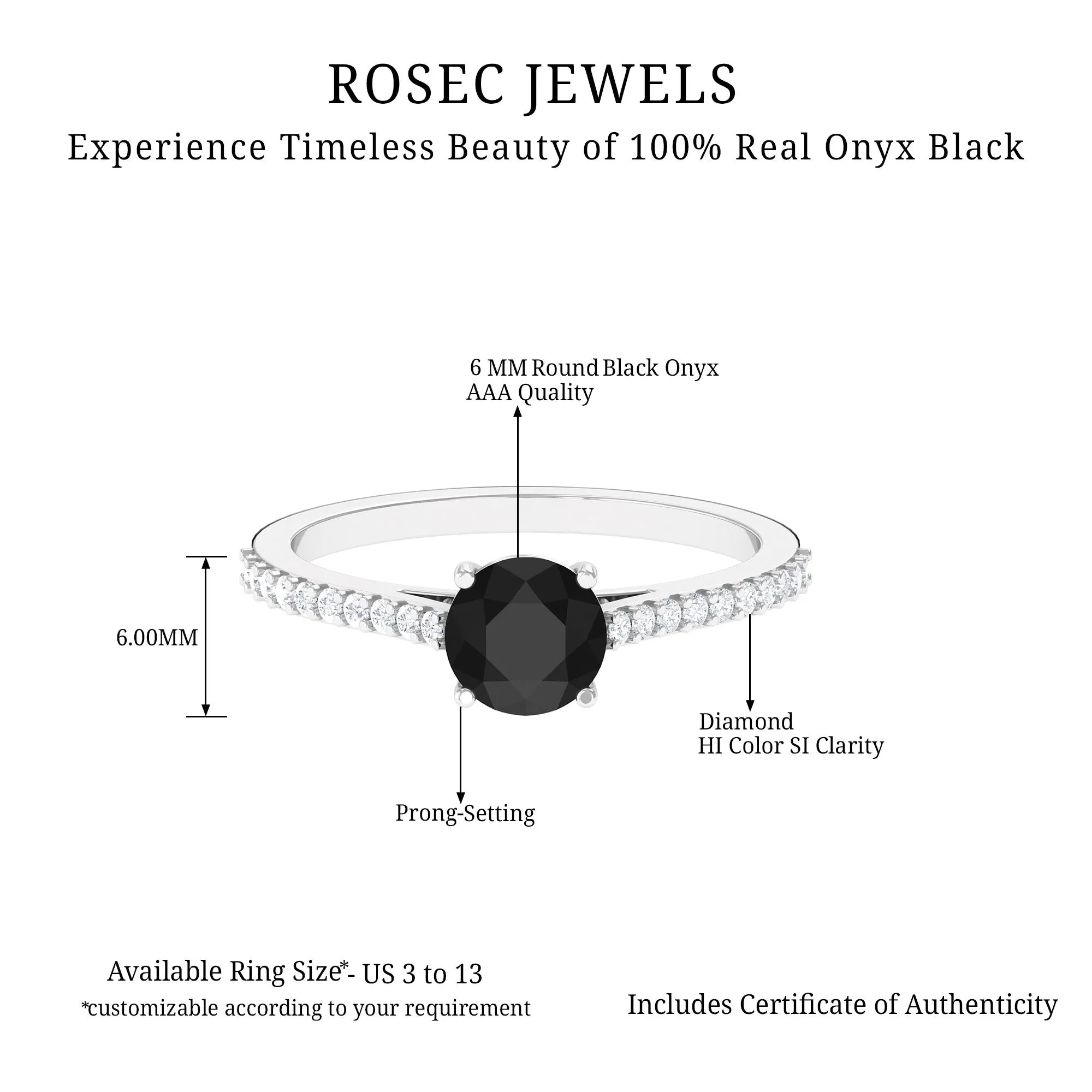 Round Black Onyx Solitaire Engagement Ring with Diamond