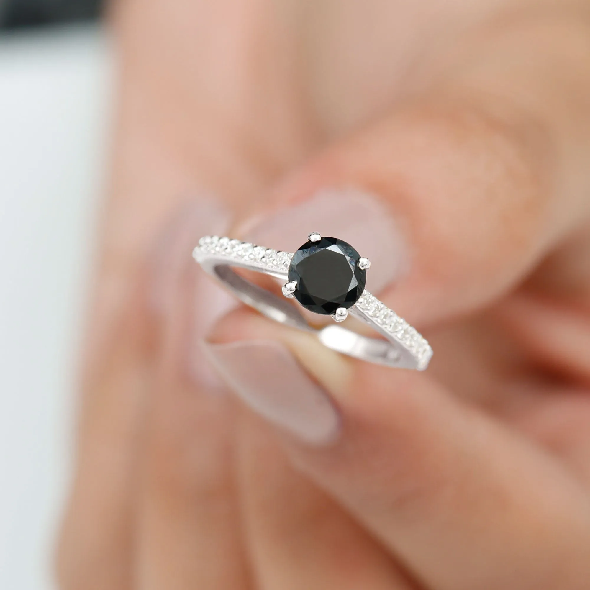 Round Black Onyx Solitaire Engagement Ring with Diamond