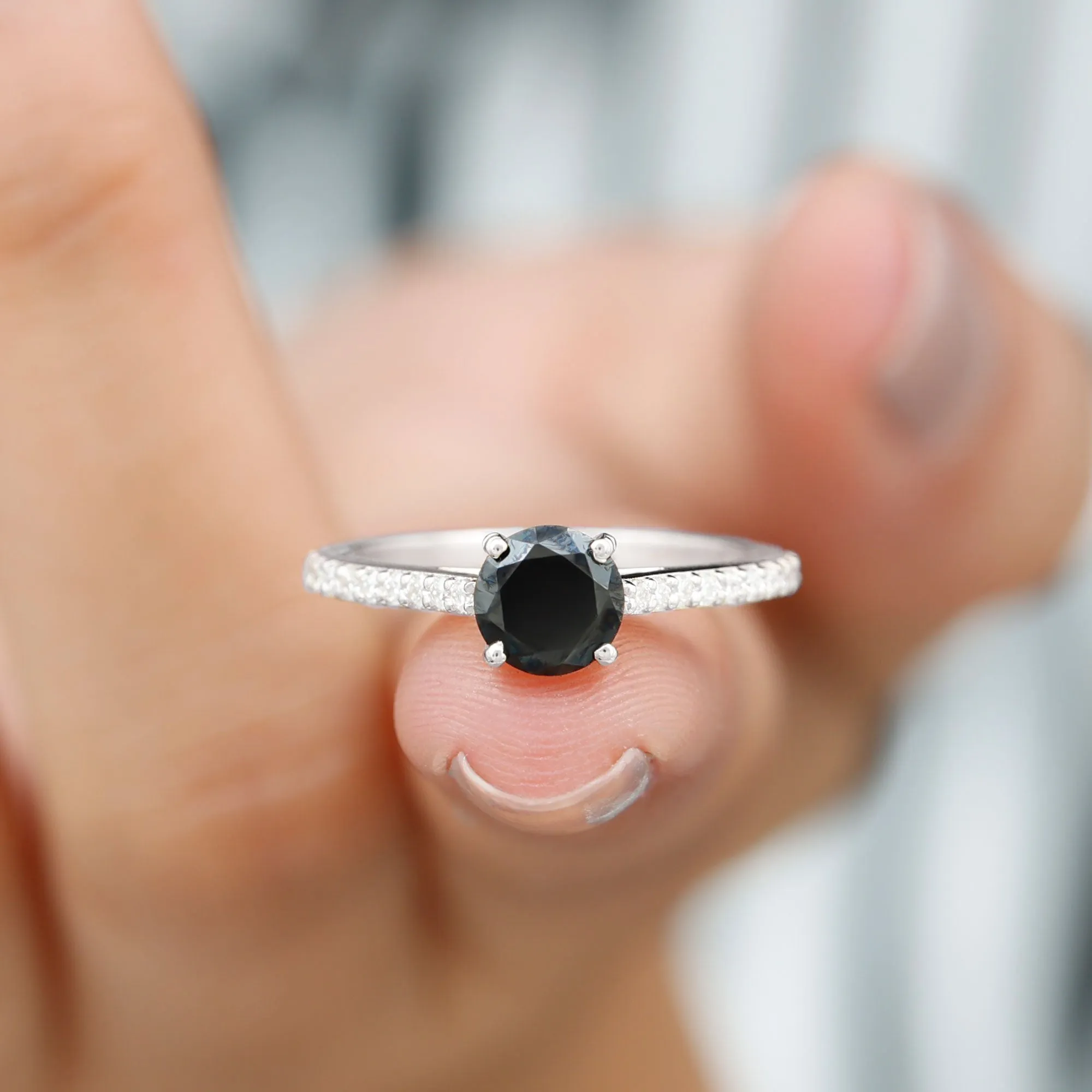 Round Black Onyx Solitaire Engagement Ring with Diamond