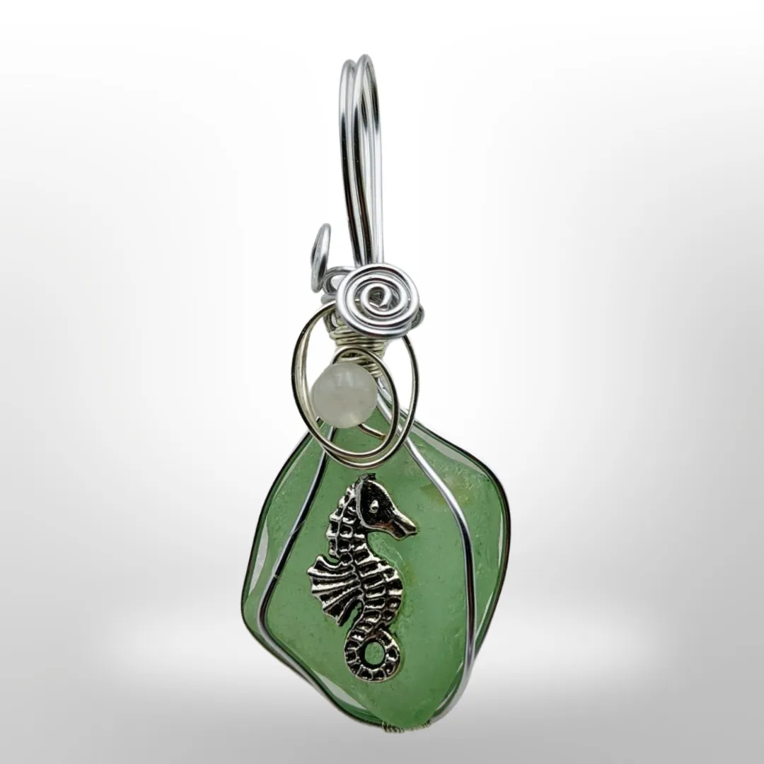 Seahorse on Sea glass with Moonstone, 2.5" Pendant.