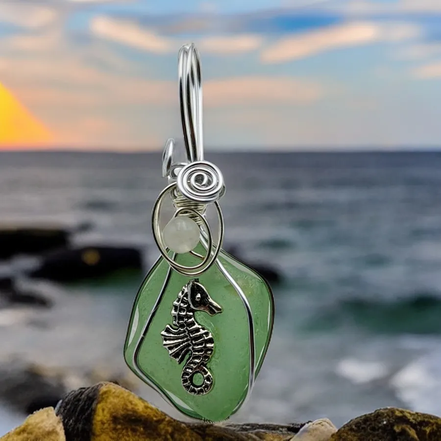 Seahorse on Sea glass with Moonstone, 2.5" Pendant.