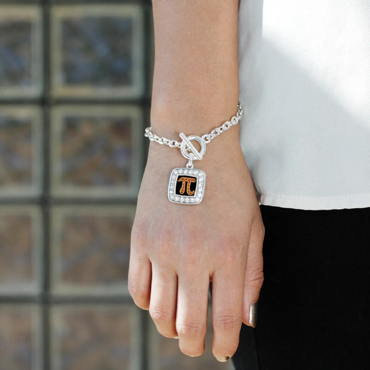 Silver Pi Square Charm Toggle Bracelet