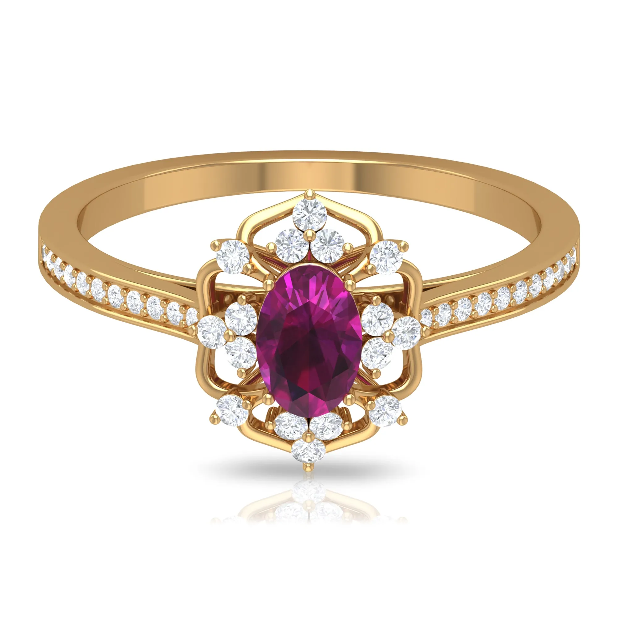 Vintage Style Rhodolite and Diamond Flower Engagement Ring