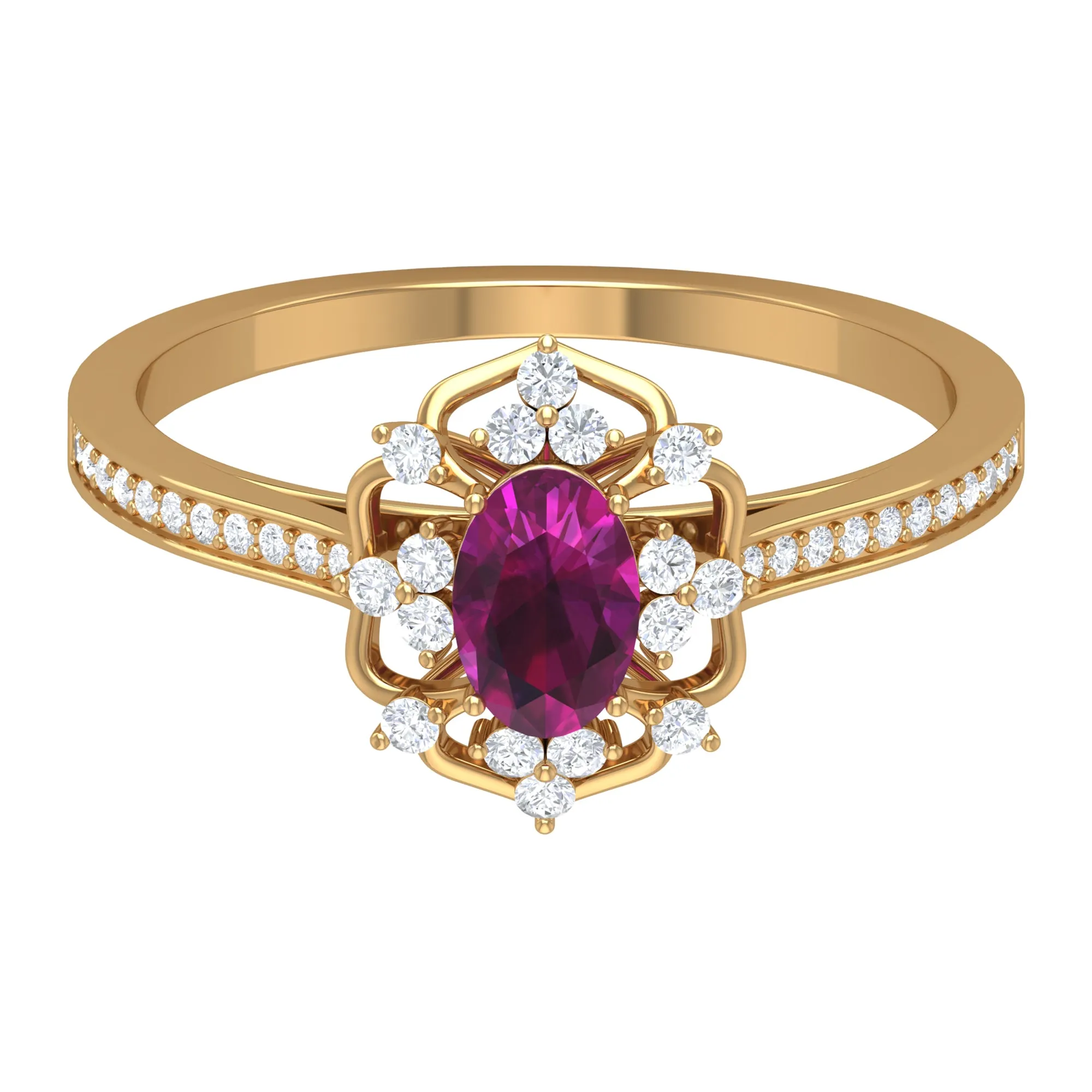 Vintage Style Rhodolite and Diamond Flower Engagement Ring