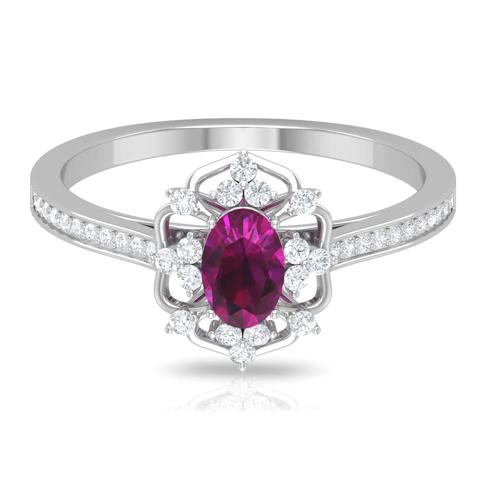 Vintage Style Rhodolite and Diamond Flower Engagement Ring