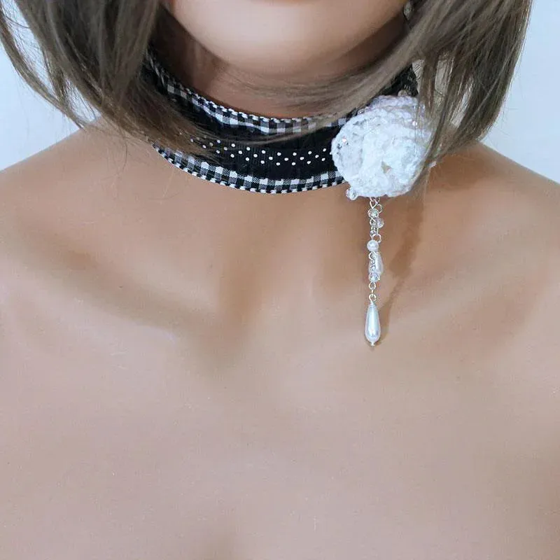 White Rose Black Victorian Choker