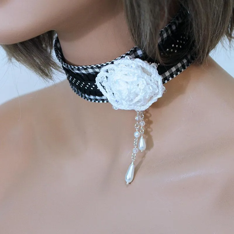 White Rose Black Victorian Choker
